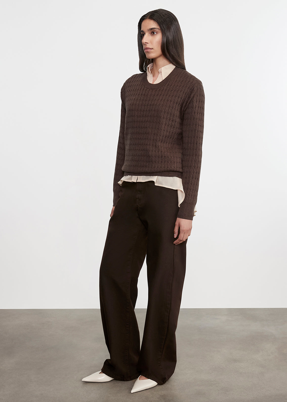 Cashmere Cotton Cable Knit Easy Crew | Bitter Chocolate