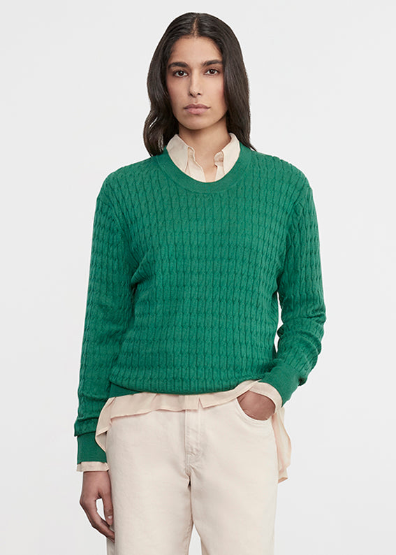 Cashmere Cotton Cable Knit Easy Crew | Emerald
