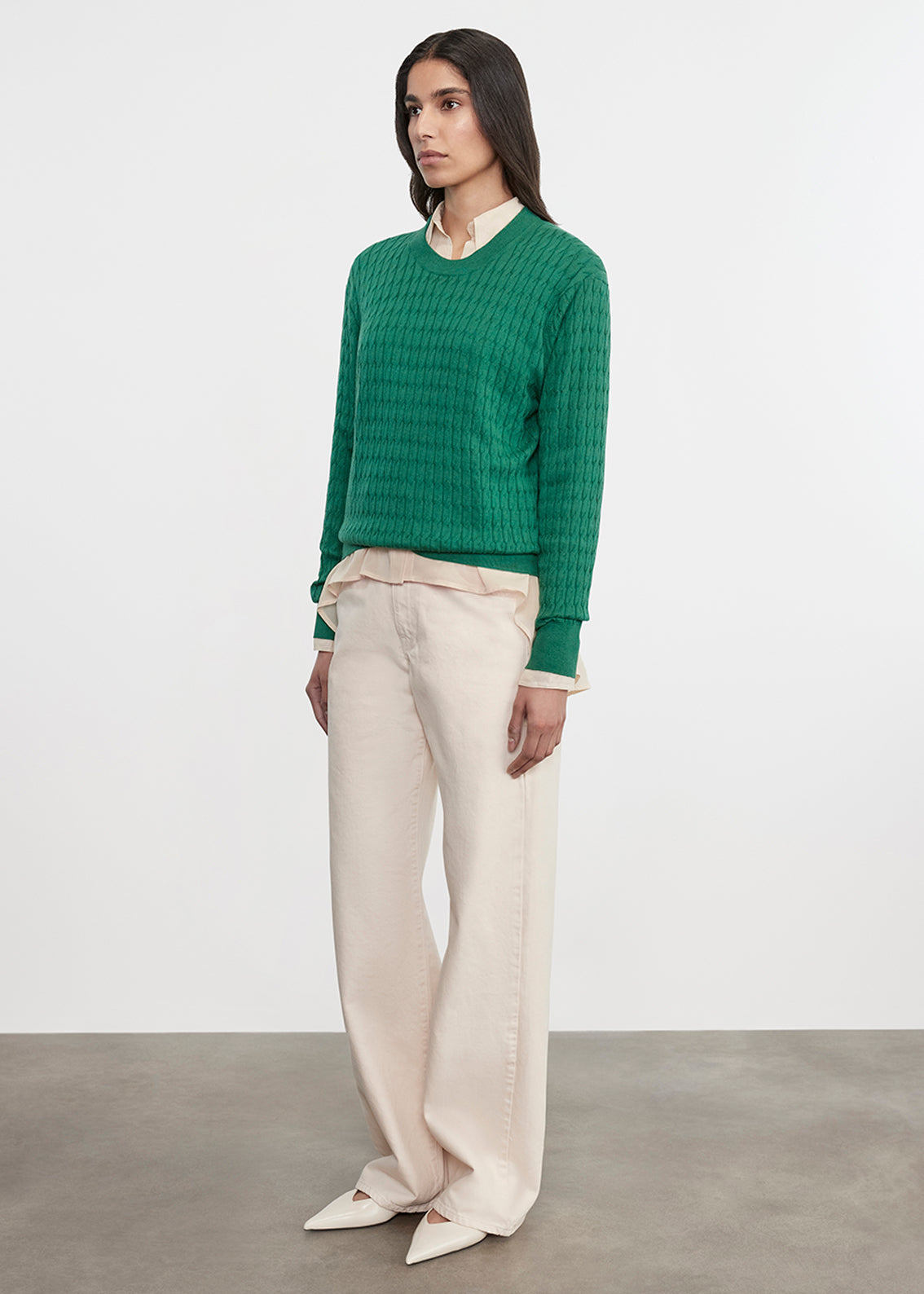 Cashmere Cotton Cable Knit Easy Crew | Emerald