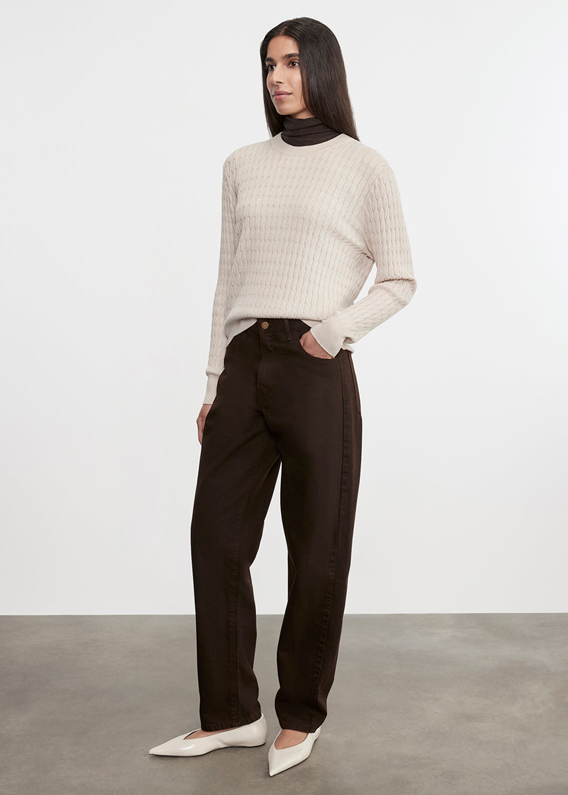 Cashmere Cotton Cable Knit Easy Crew | Parchment
