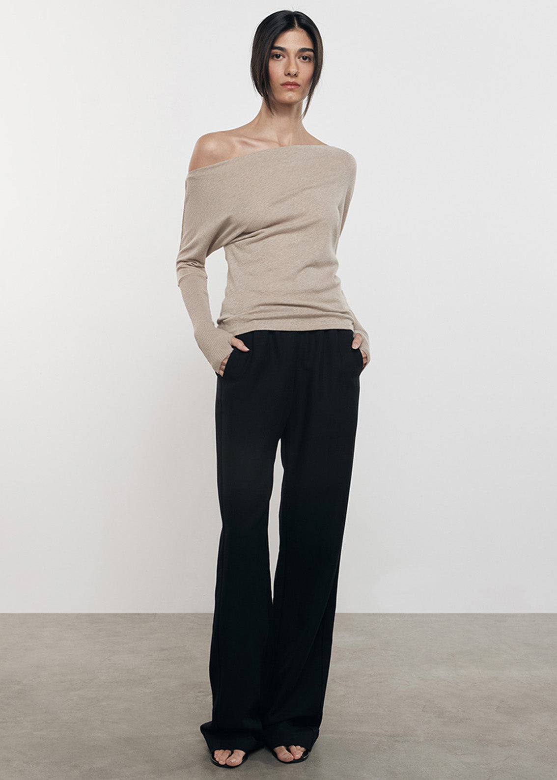 cashmere cuffed off shoulder l/s - khaki