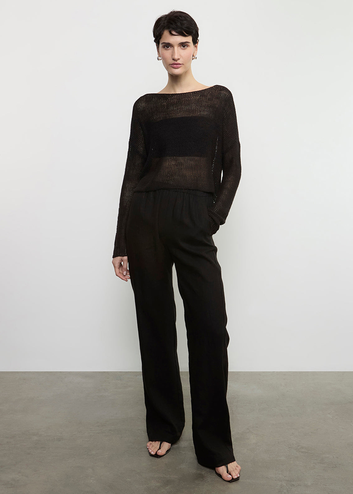 Linen Open Knit Bateau Sweater | Black