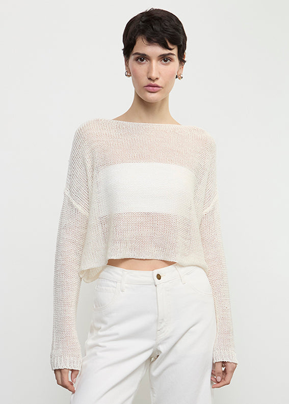 Linen Open Knit Bateau Sweater | White