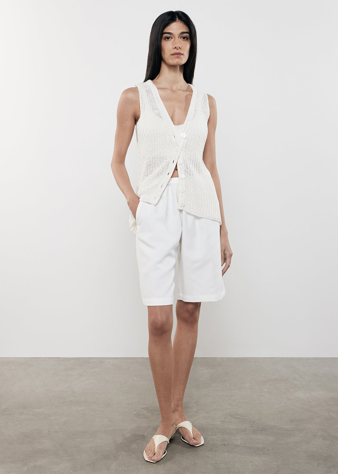 Linen Open Knit Vest | White