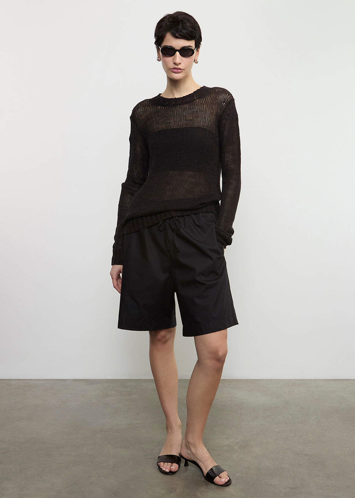 Linen Open Knit L/S Crew | Black