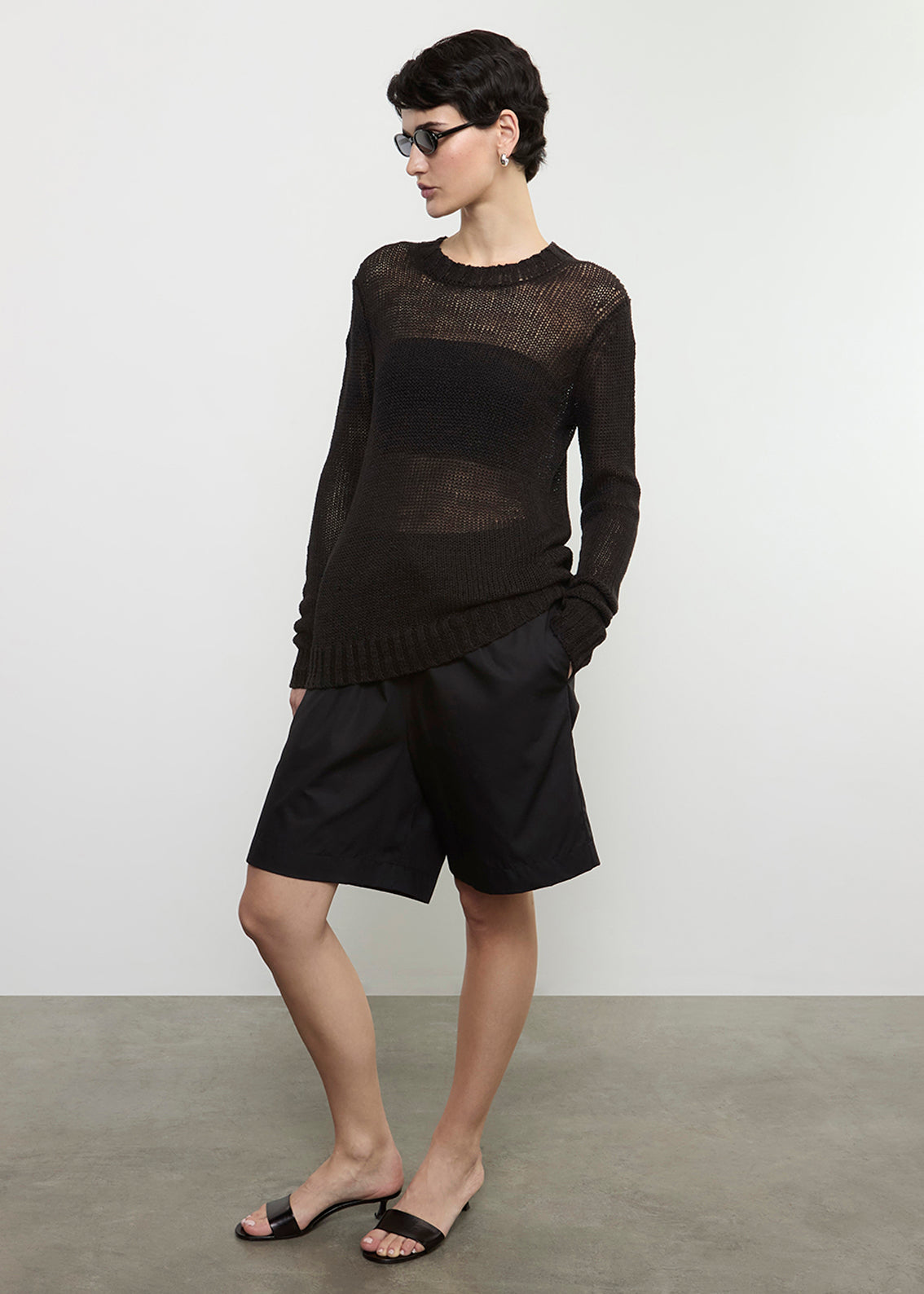 Linen Open Knit L/S Crew | Black
