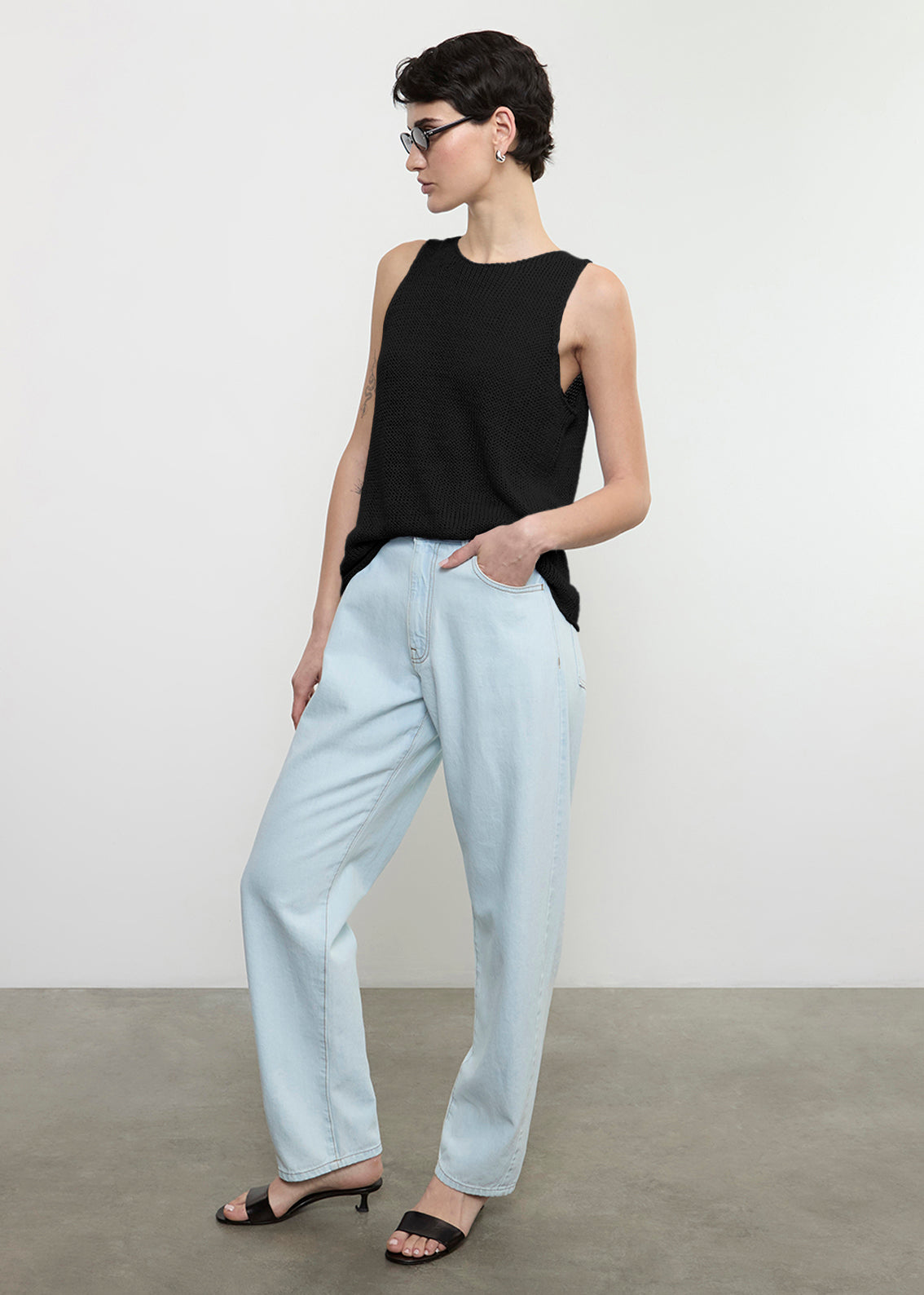 Linen Open Knit Tank | Black