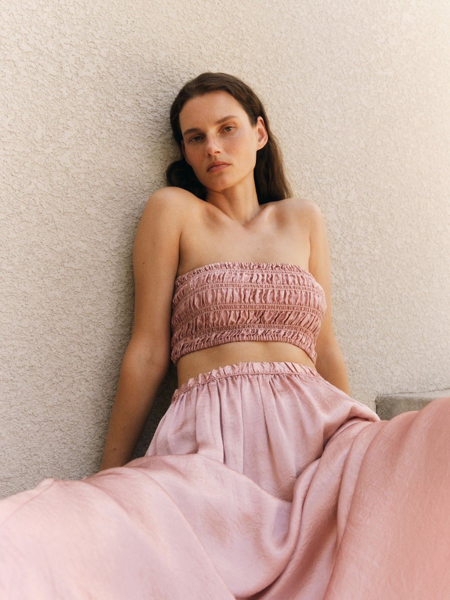 Textured Satin Smocked Top | Rose Blush