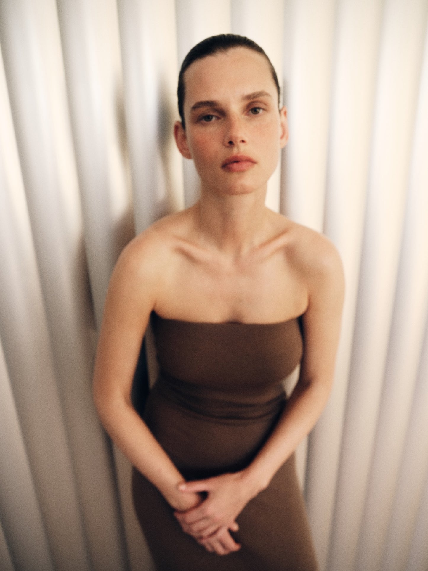 Silk Rib Strapless Fluid Dress | Army