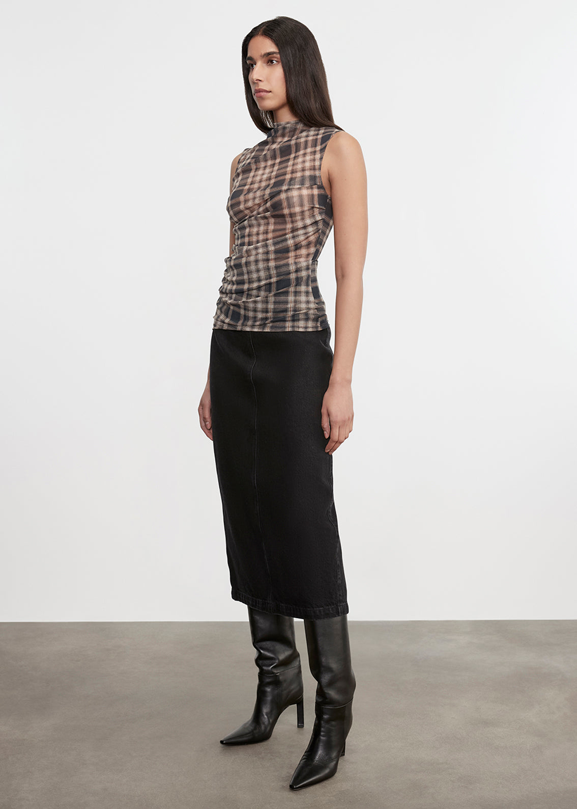 Plaid Mesh Sleeveless Twist Top | Plaid