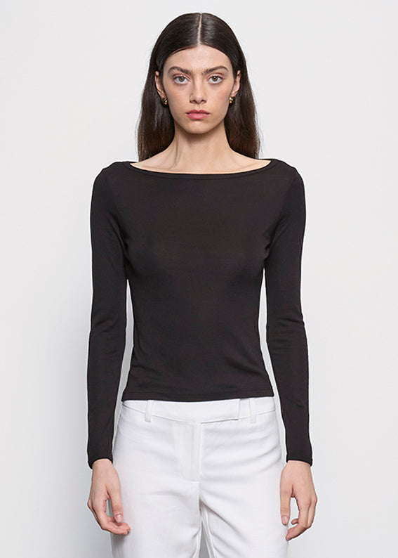 ANSNAM kakinoha 別注 Boat-Neck Long Sleeve Fine Supima Cotton L/S Boatneck | Black – Enza Costa