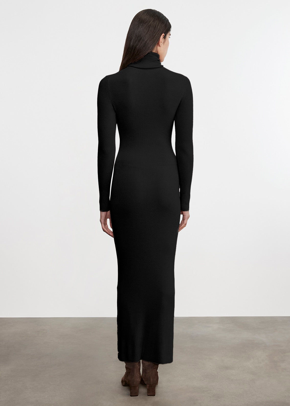 Silk Sweater Rib Ankle Turtleneck Dress | Black