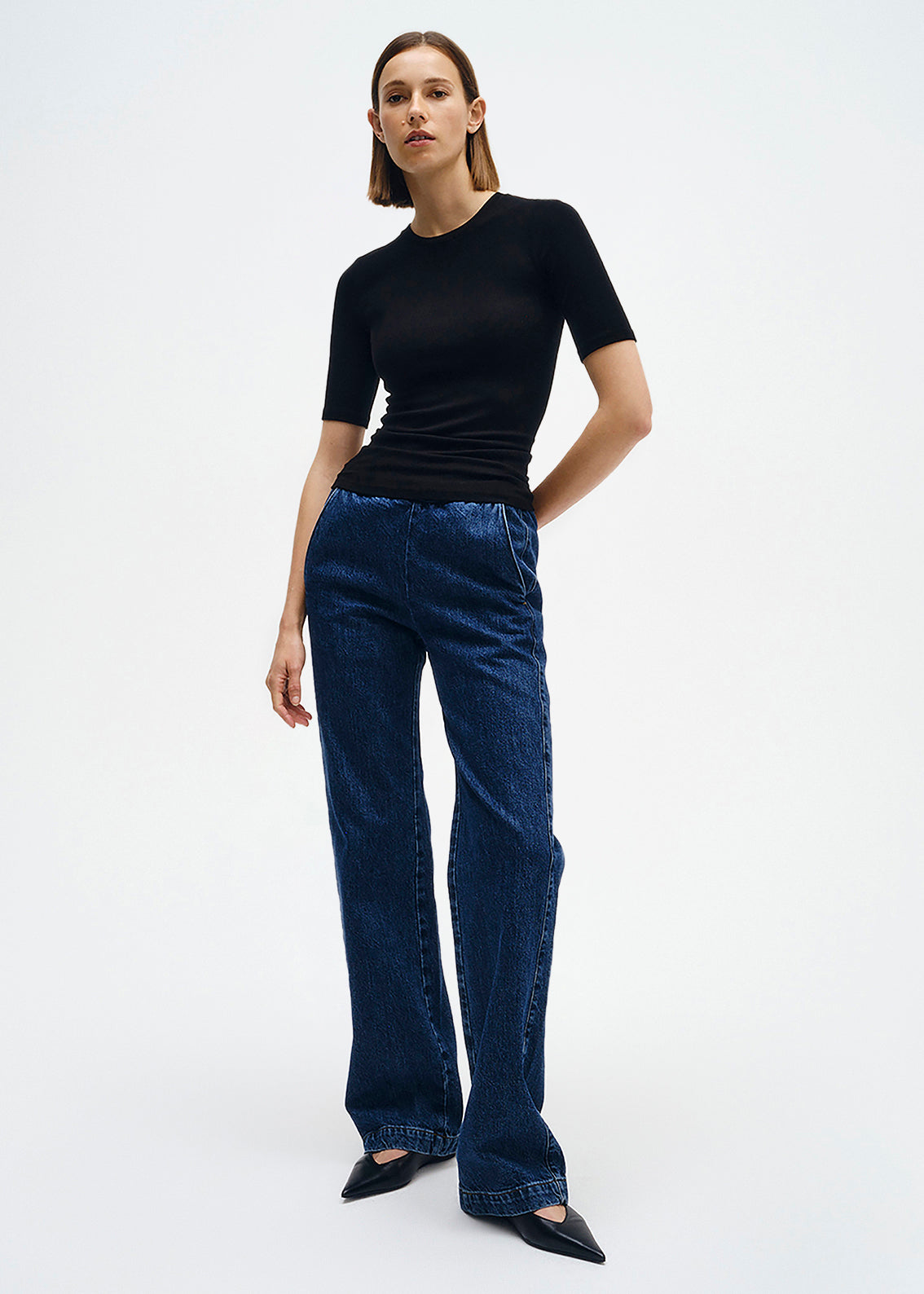 Silk Rib Fitted Half Sleeve Crew | Black