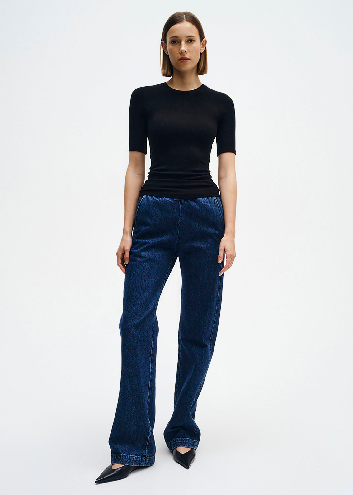 Silk Rib Fitted Half Sleeve Crew | Black