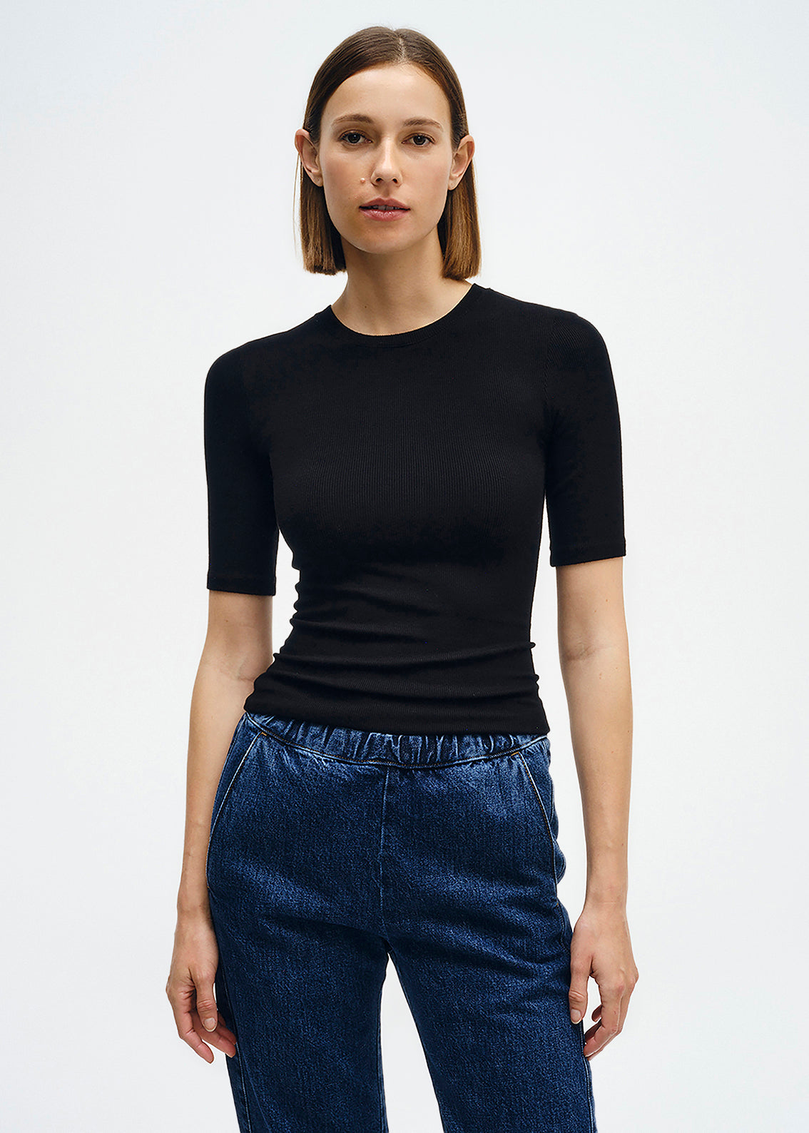 Silk Rib Fitted Half Sleeve Crew | Black