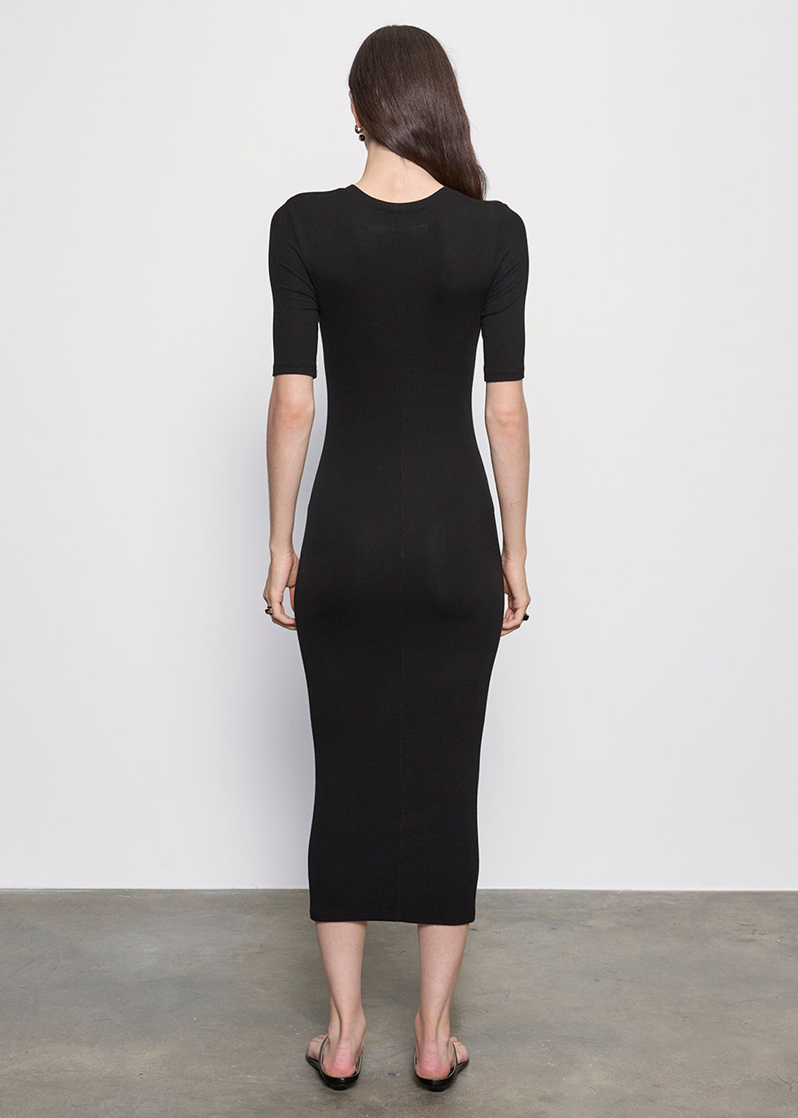 Silk Rib Half Sleeve Midi Dress | Black