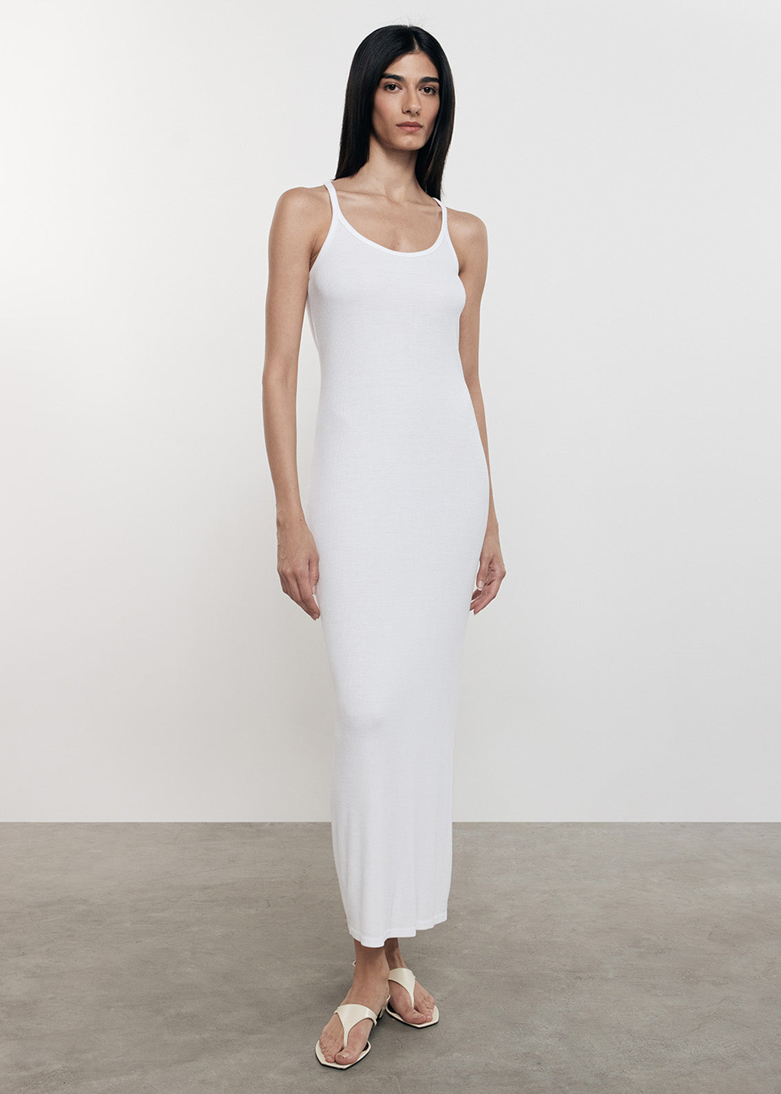 Silk Rib U Neck Maxi Dress | White