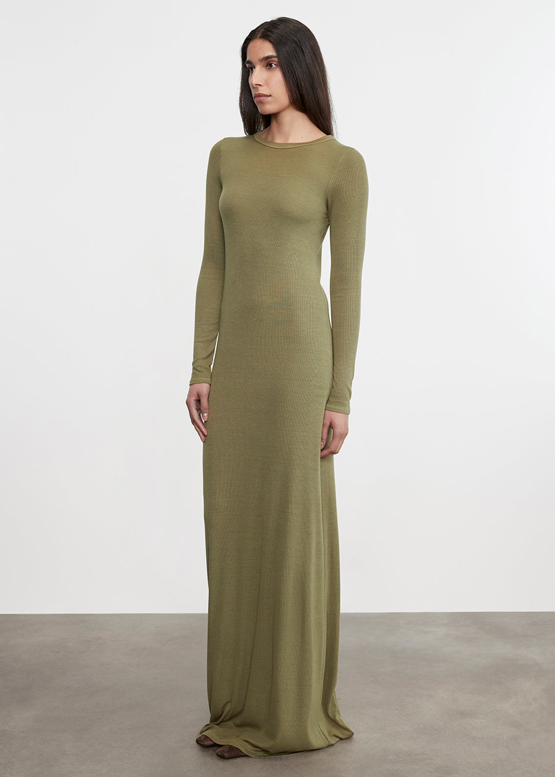 Silk Rib Crewneck Fluid Dress | Olive Stone