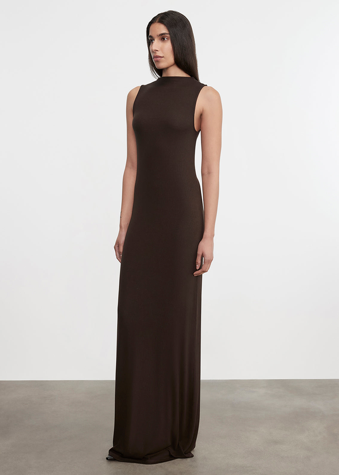 Silk Rib Mockneck Fluid Dress | Coffee Bean