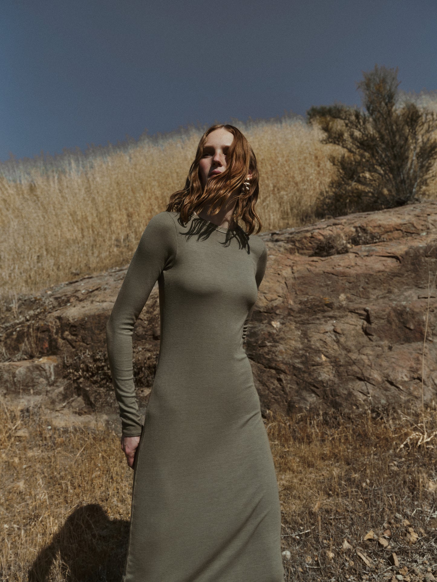 Silk Rib Crewneck Fluid Dress | Olive Stone