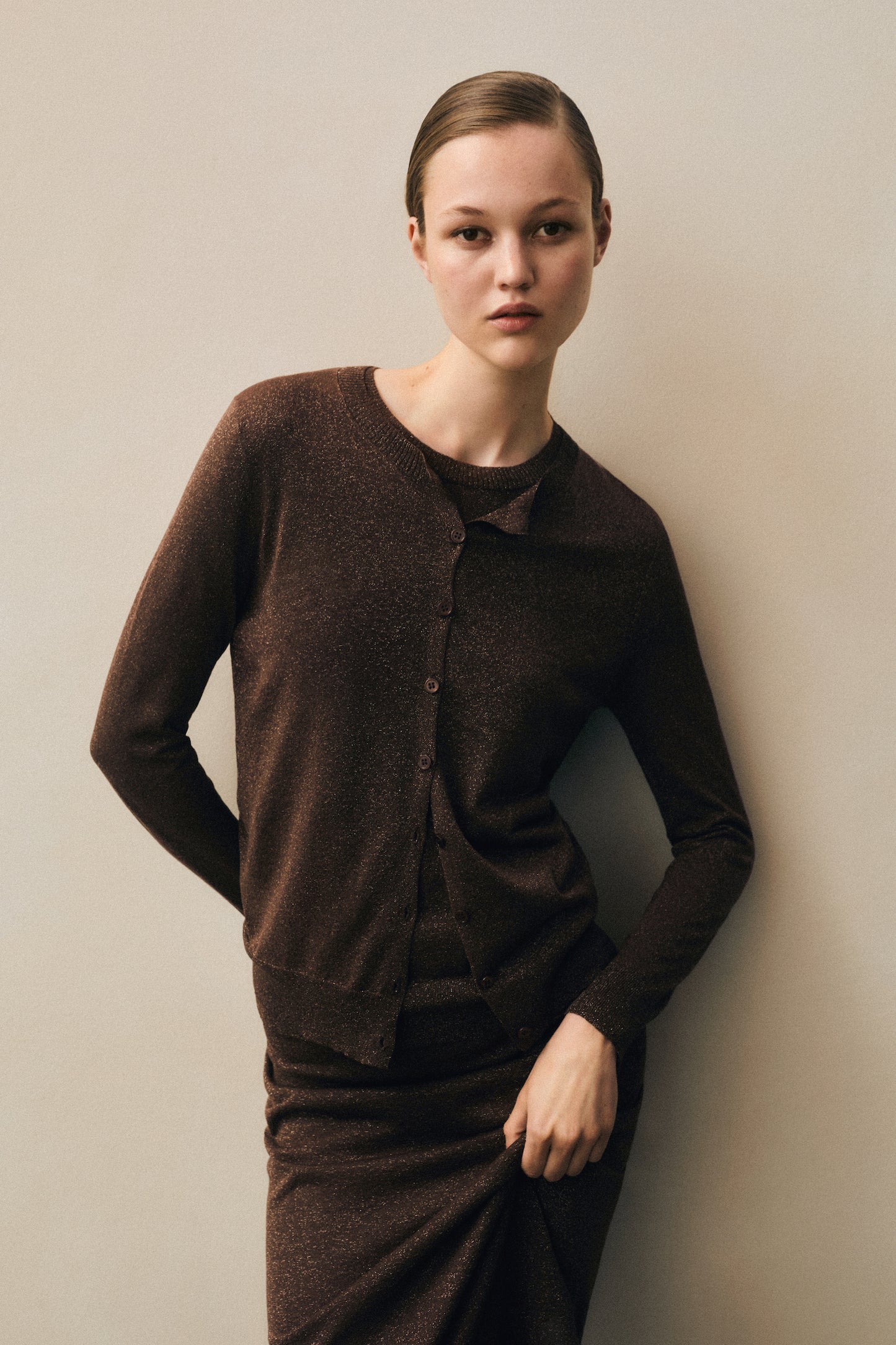 Lamé Knitted S/S Sweater | Brown