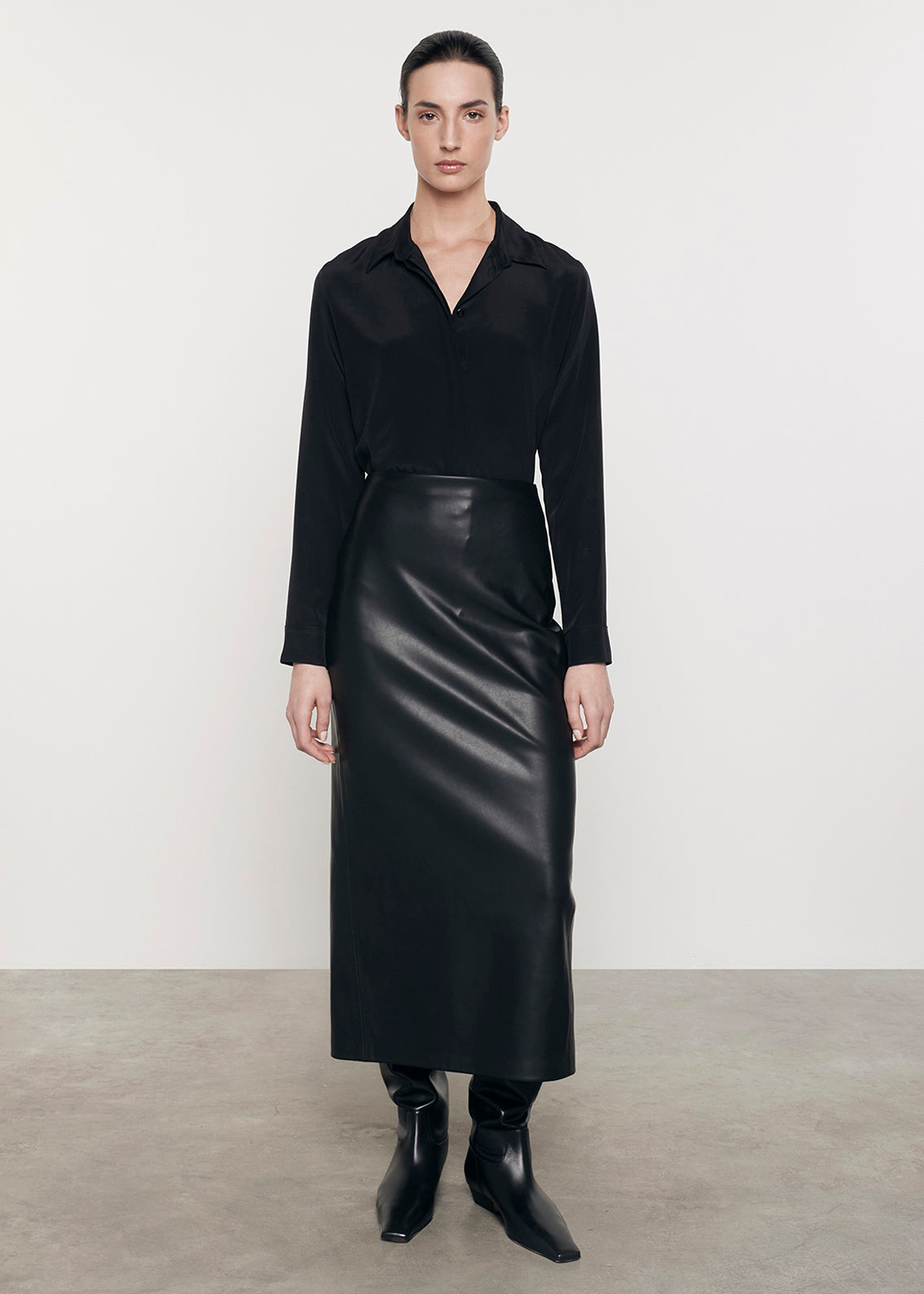 Ankle Length Leather Skirt | Black