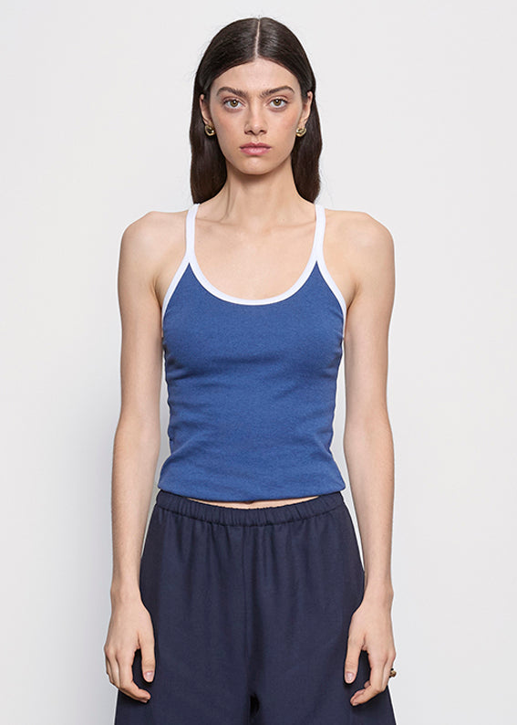 Cotton Classic Ringer Scoop Tank  | Ink Blue/White