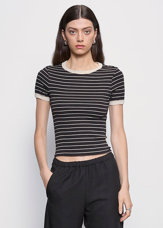 Cotton Stripe Classic S/S Tee | Black/ Wheat Stripe
