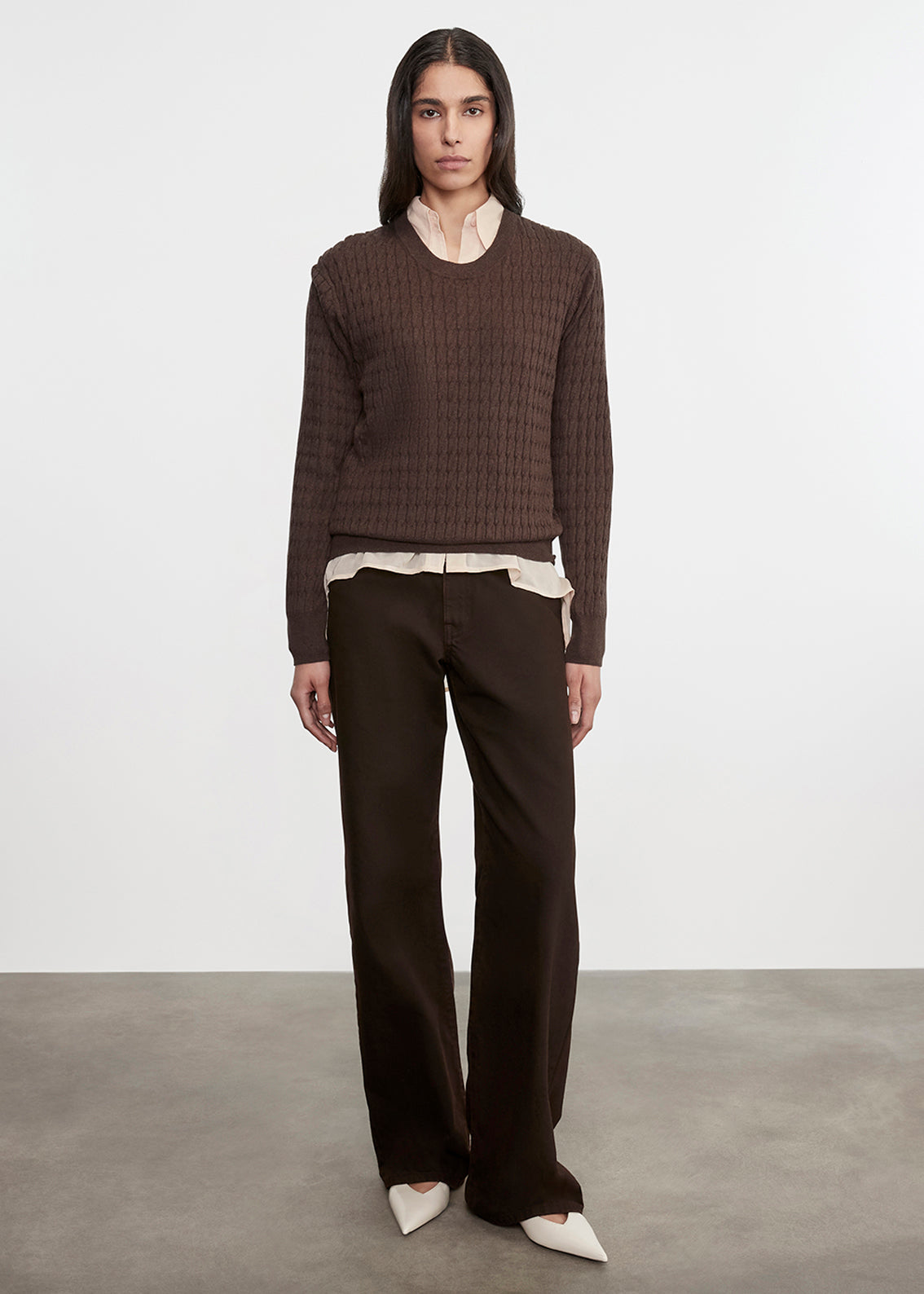 Cashmere Cotton Cable Knit Easy Crew | Bitter Chocolate