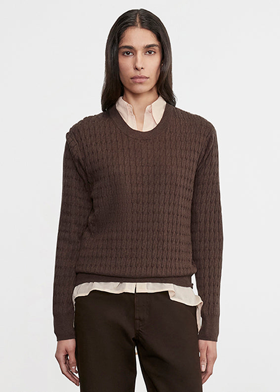 Cashmere Cotton Cable Knit Easy Crew | Bitter Chocolate