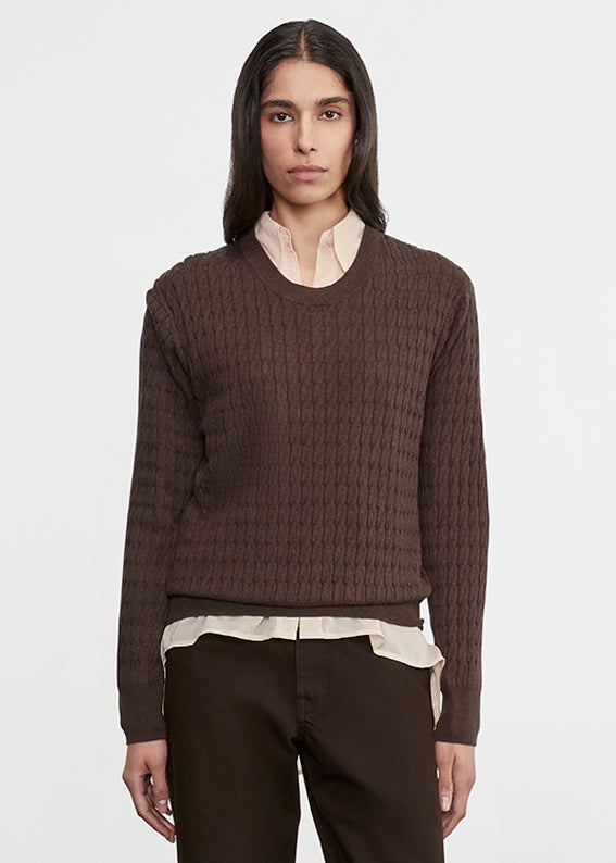 Cashmere Cotton Cable Knit Easy Crew | Bitter Chocolate