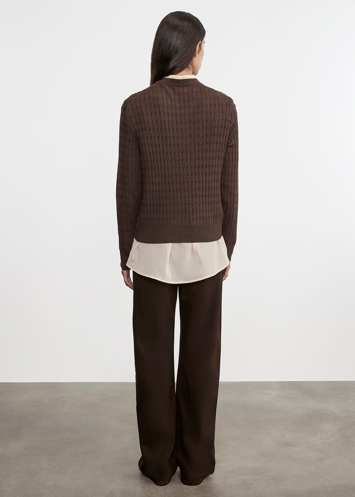 Cashmere Cotton Cable Knit Easy Crew | Bitter Chocolate