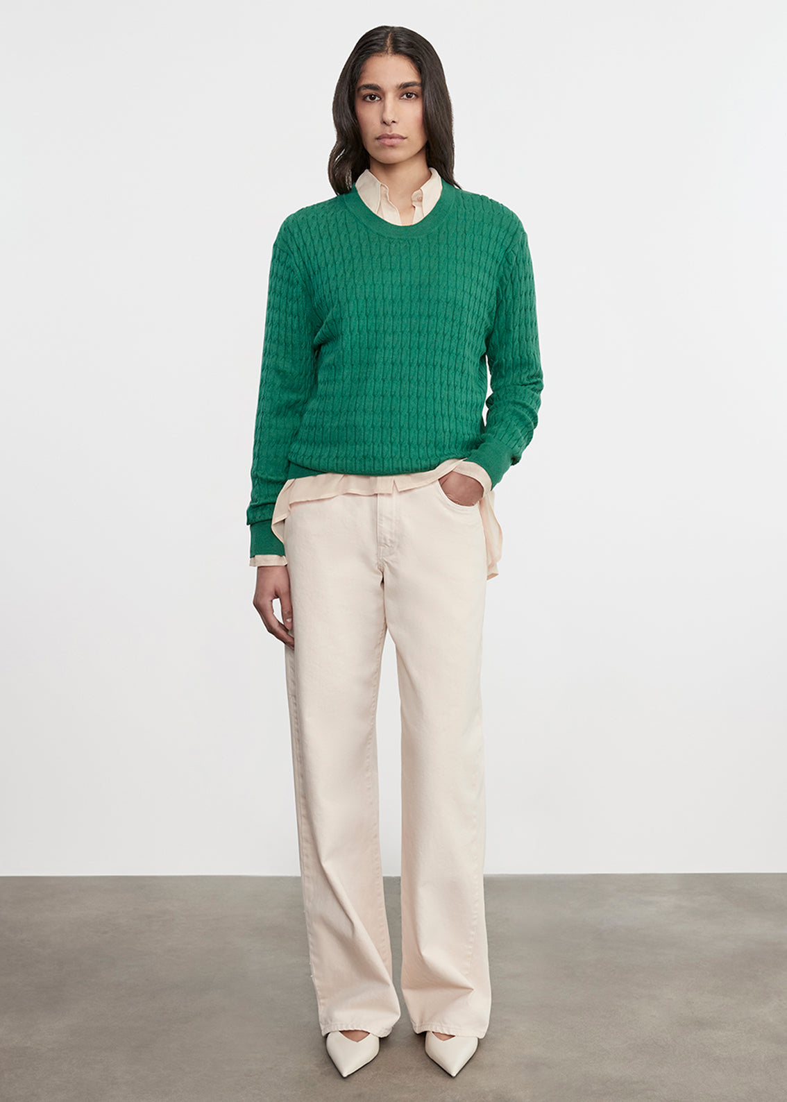Cashmere Cotton Cable Knit Easy Crew | Emerald