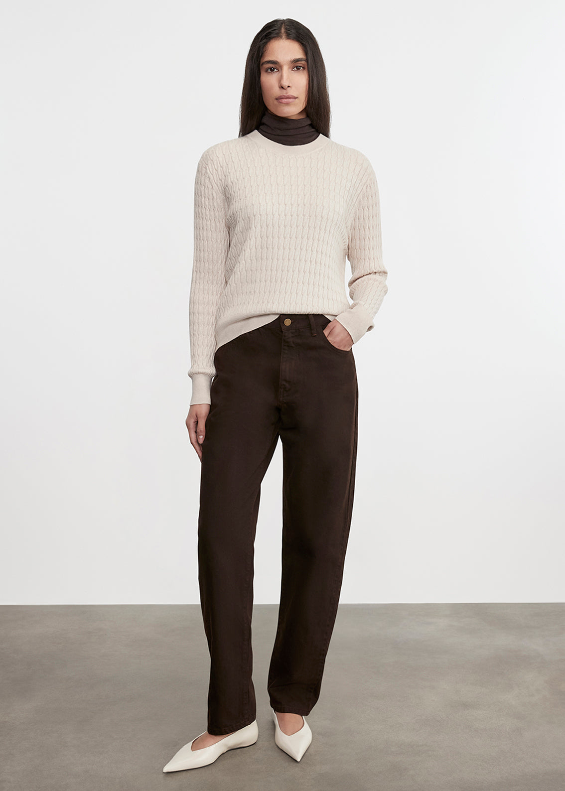 Cashmere Cotton Cable Knit Easy Crew | Parchment