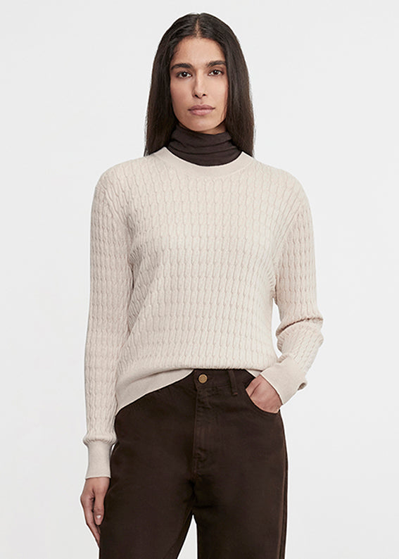 Cashmere Cotton Cable Knit Easy Crew | Parchment