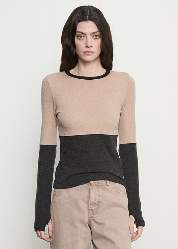 Cashmere Jersey New Classic Block Crew | Khaki/Charcoal