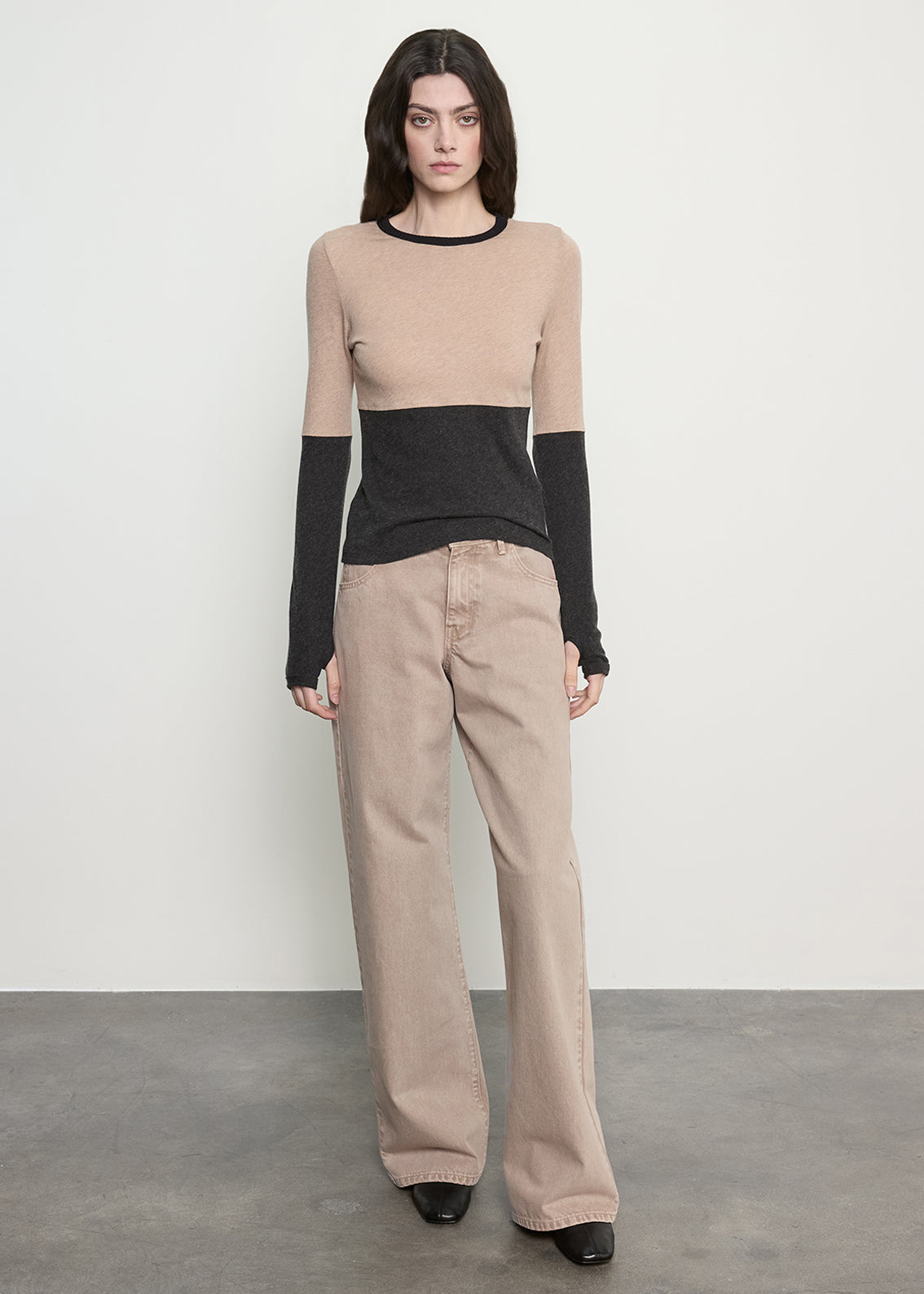 Cashmere Jersey New Classic Block Crew | Khaki/Charcoal