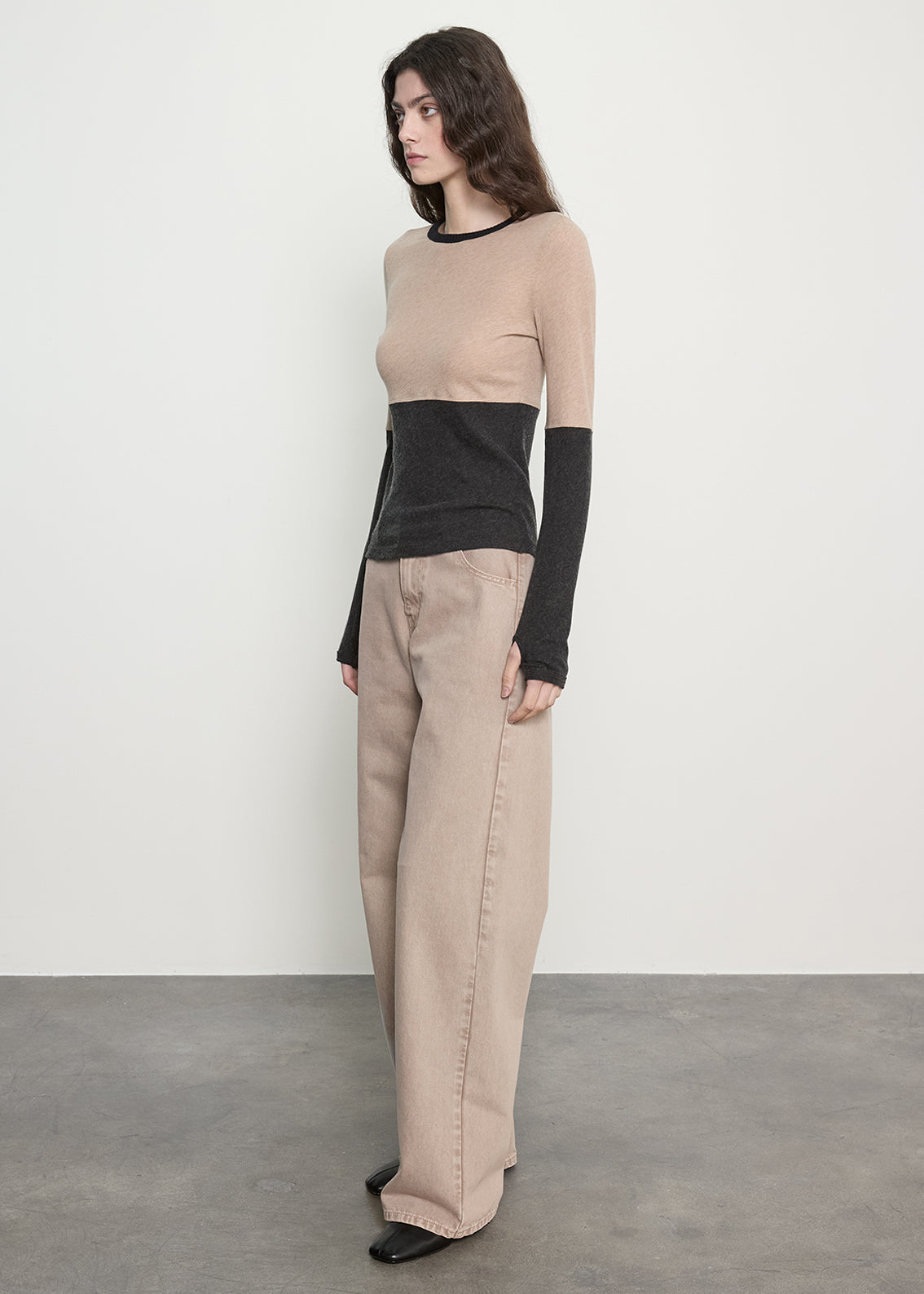 Cashmere Jersey New Classic Block Crew | Khaki/Charcoal