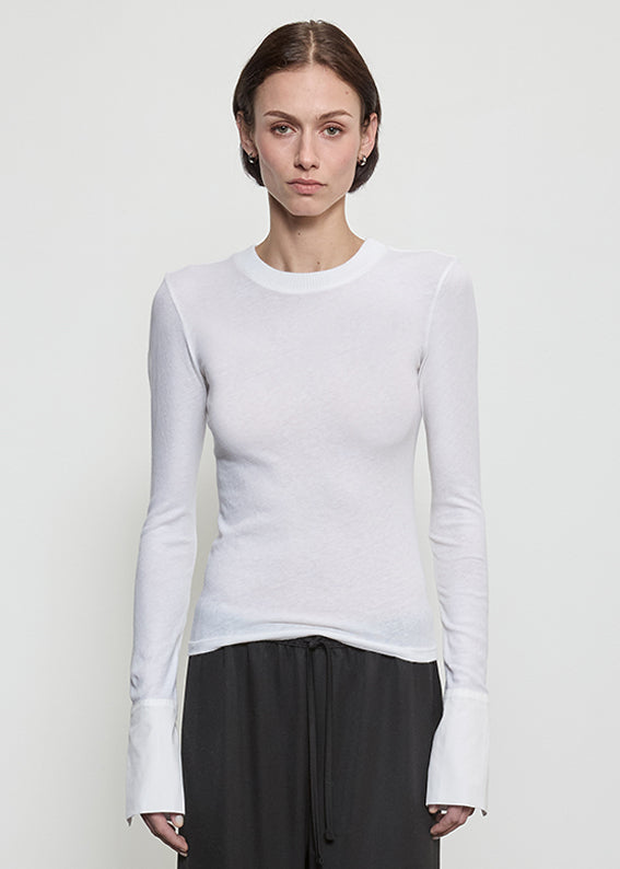 Fine Cashmere Jersey Poplin Cuff Crew | White