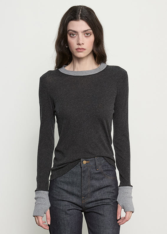 Fine Cashmere Jersey Contrast Easy Cuffed Crew | Charcoal/Smoke