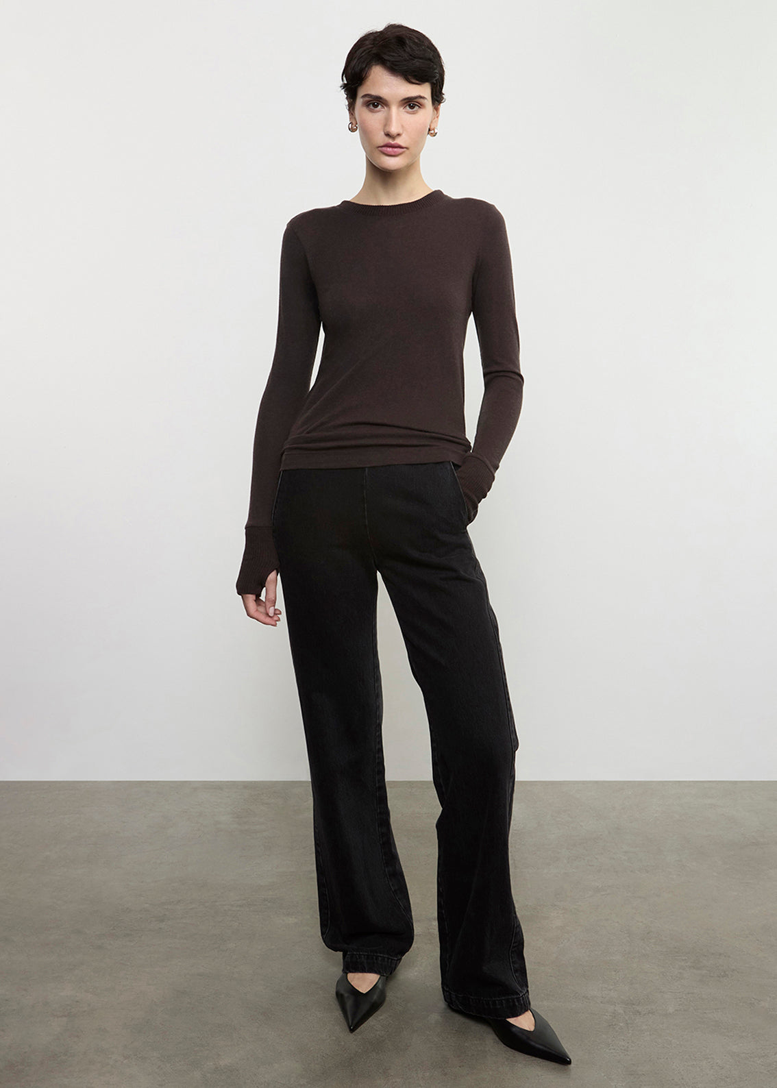 Cashmere Easy Cuffed Crew | Dark Brown