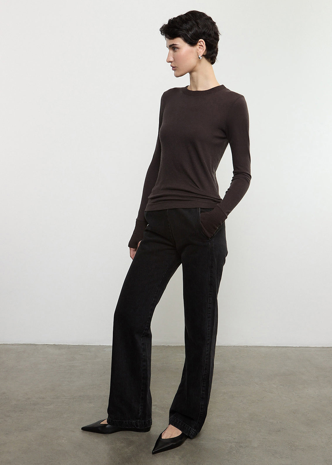 Cashmere Easy Cuffed Crew | Dark Brown