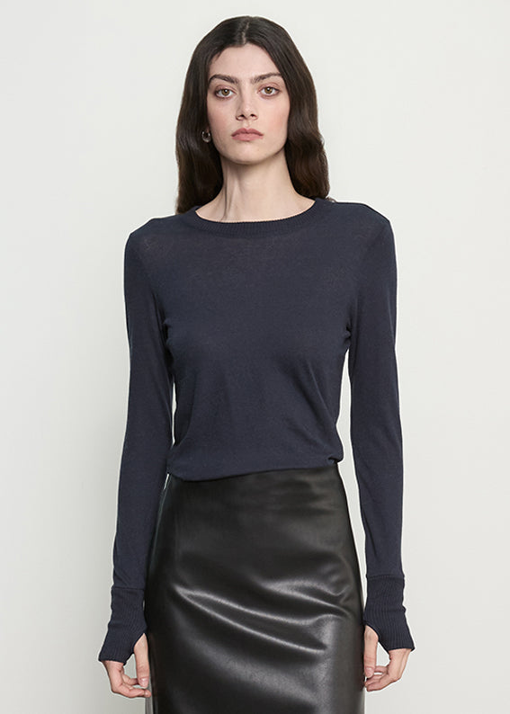 Fine Cashmere Jersey Easy Cuffed Crew | Ink