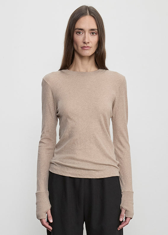 Fine Cashmere Jersey Easy Cuffed Crew | Khaki