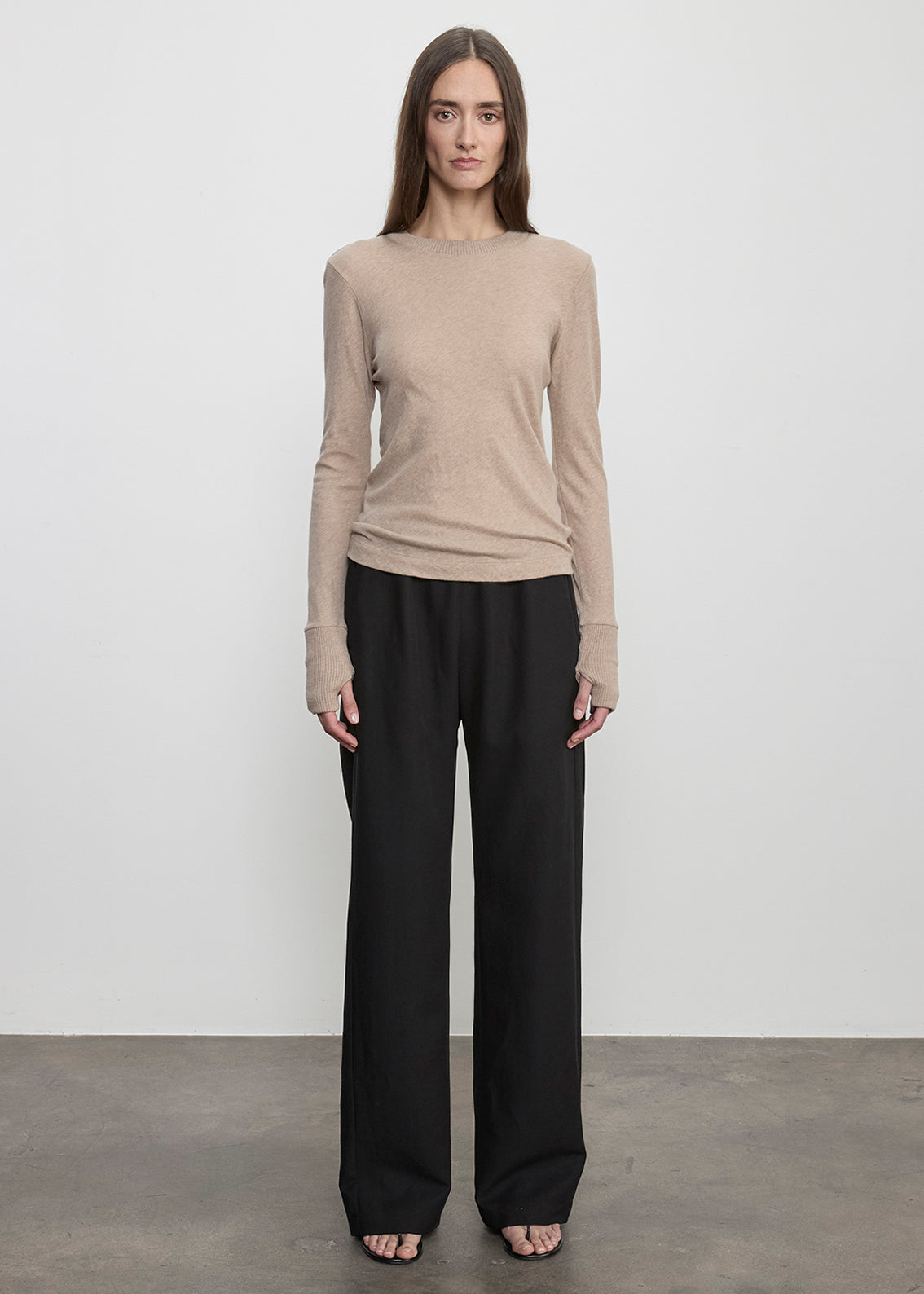 Fine Cashmere Jersey Easy Cuffed Crew | Khaki