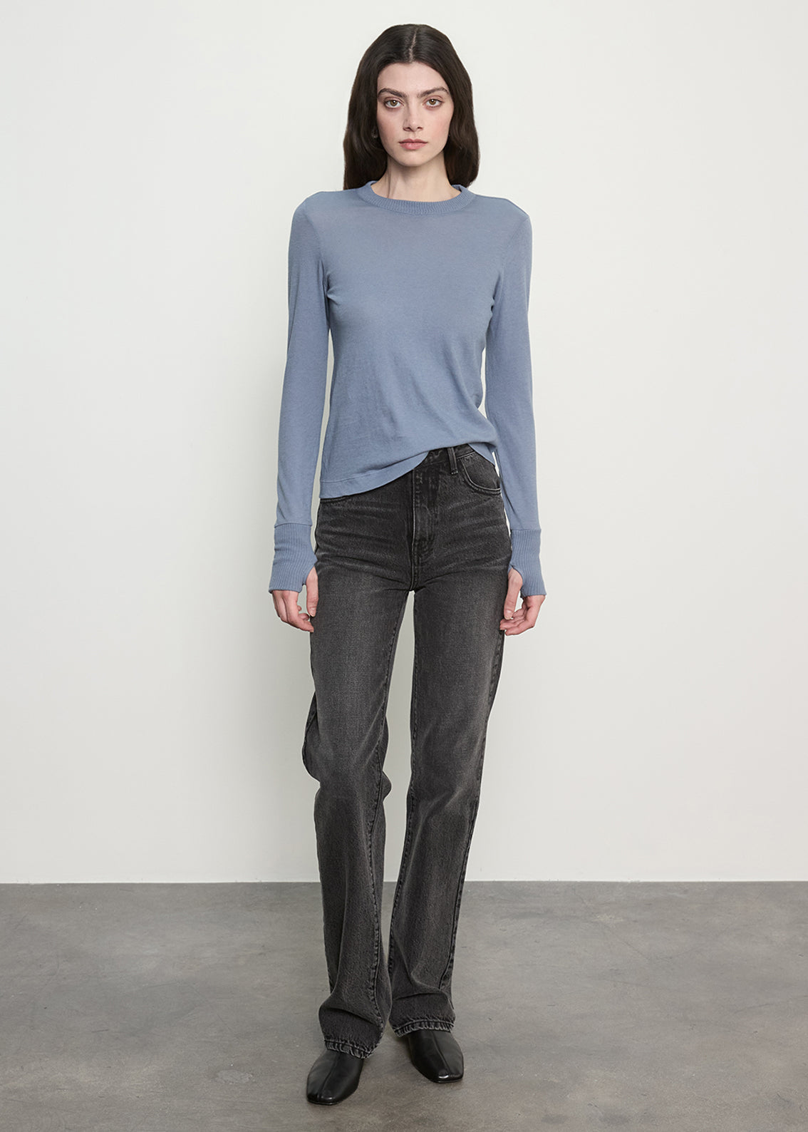 Fine Cashmere Jersey Easy Cuffed Crew | Steel Blue