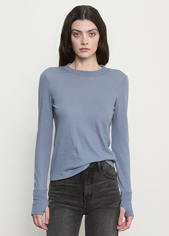 Fine Cashmere Jersey Easy Cuffed Crew | Steel Blue