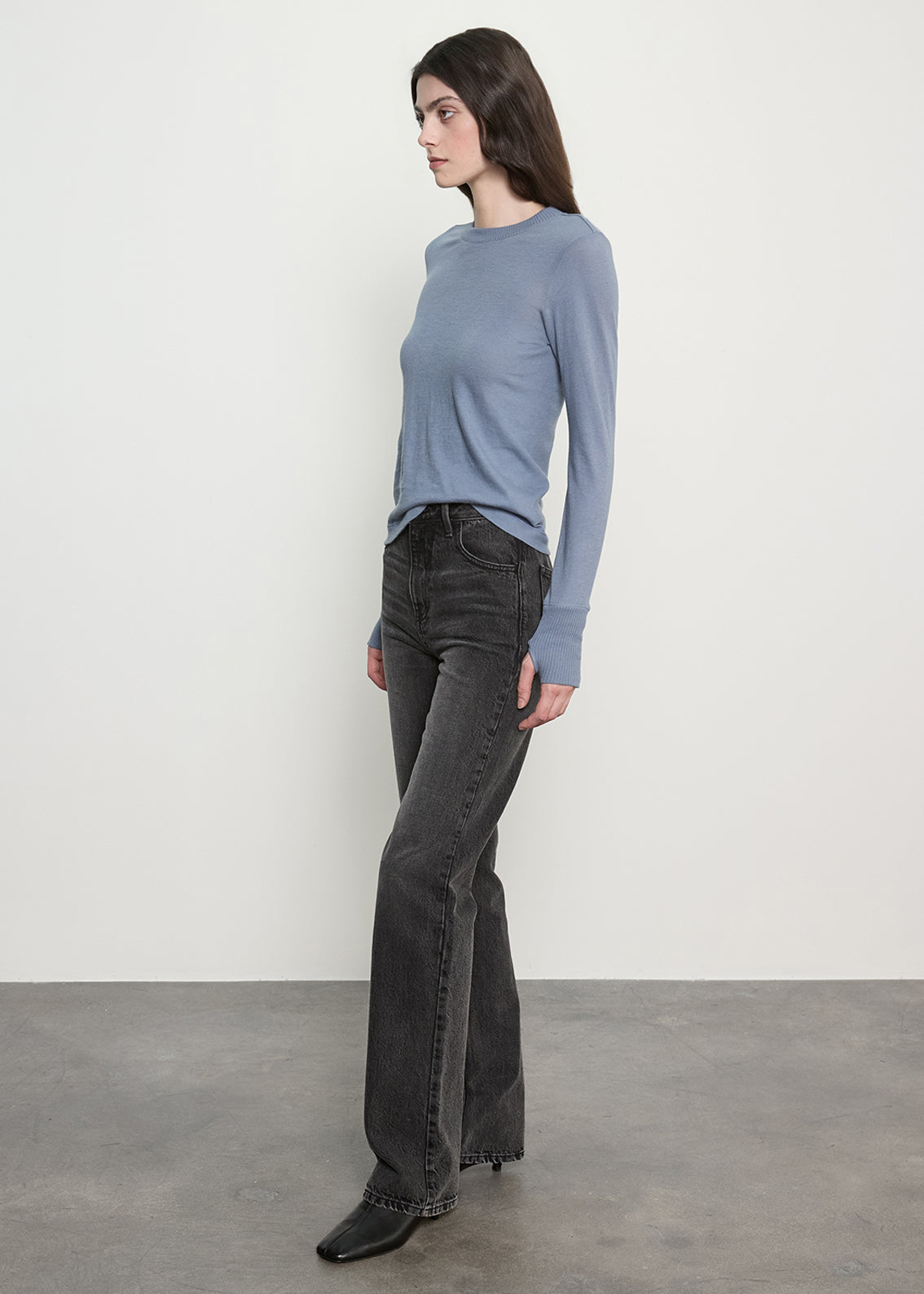 Fine Cashmere Jersey Easy Cuffed Crew | Steel Blue