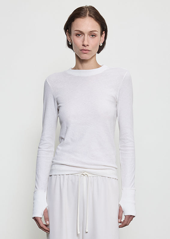 Fine Cashmere Jersey Easy Cuffed Crew | White
