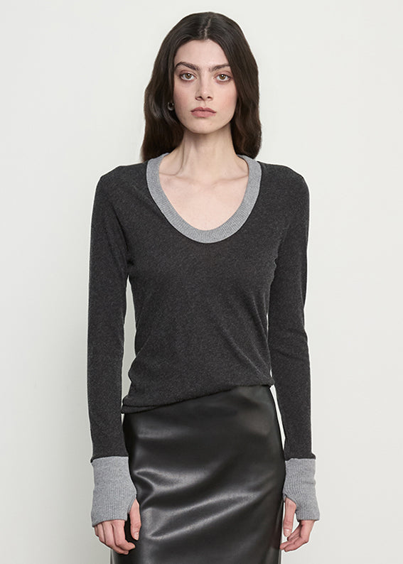 Fine Cashmere Jersey Contrast Easy Cuffed U | Charcoal/Smoke